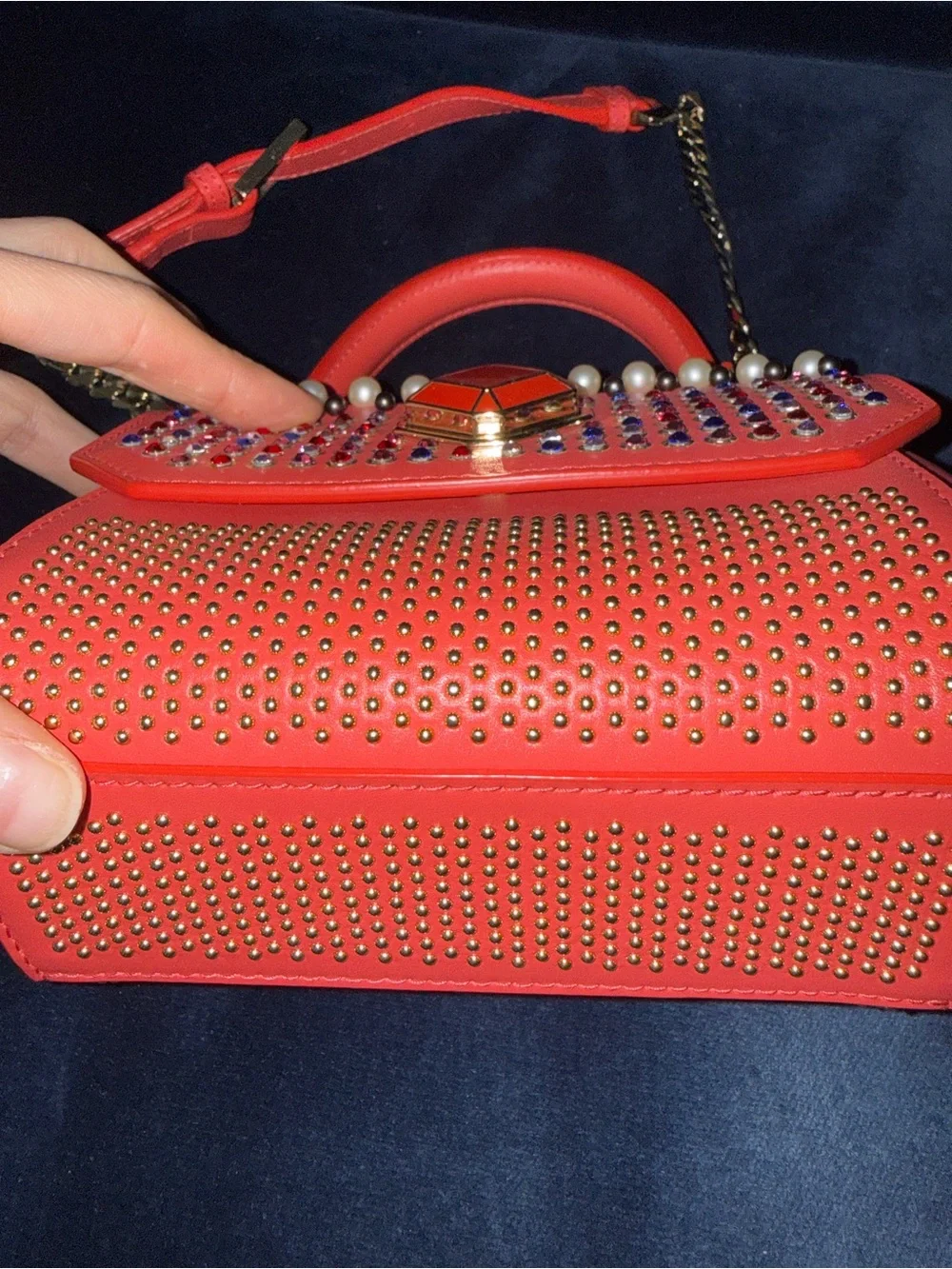 Elie Saab Coral Studded Crossbody Top-Handle Bag with Gold Chain
